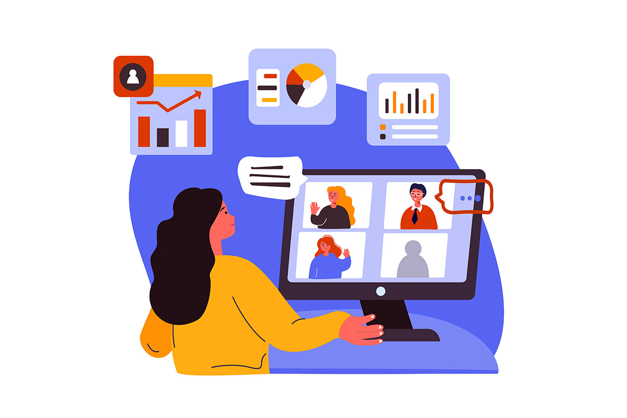 Business Online Conference.Work,Virtual Webinar.Stay Home.Colleagues,Telework Freelancer Connection.Remote Workplace.Distance Chat Correspondence.Internet Discussion,Isolation.Flat Vector Illustration